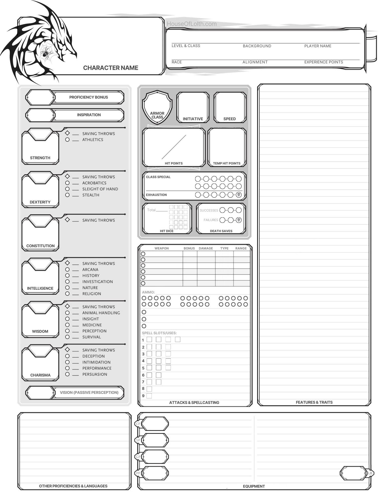 Free Character Sheet - House Of Lolth